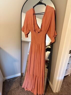 Smocked Waist Maxi Dress in Rust with Tie-Back